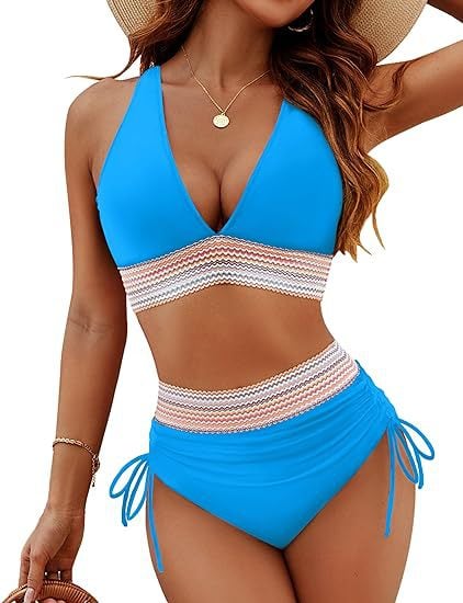 💖💃2026 High Waisted Tummy Control Colour Block Bikini Sets