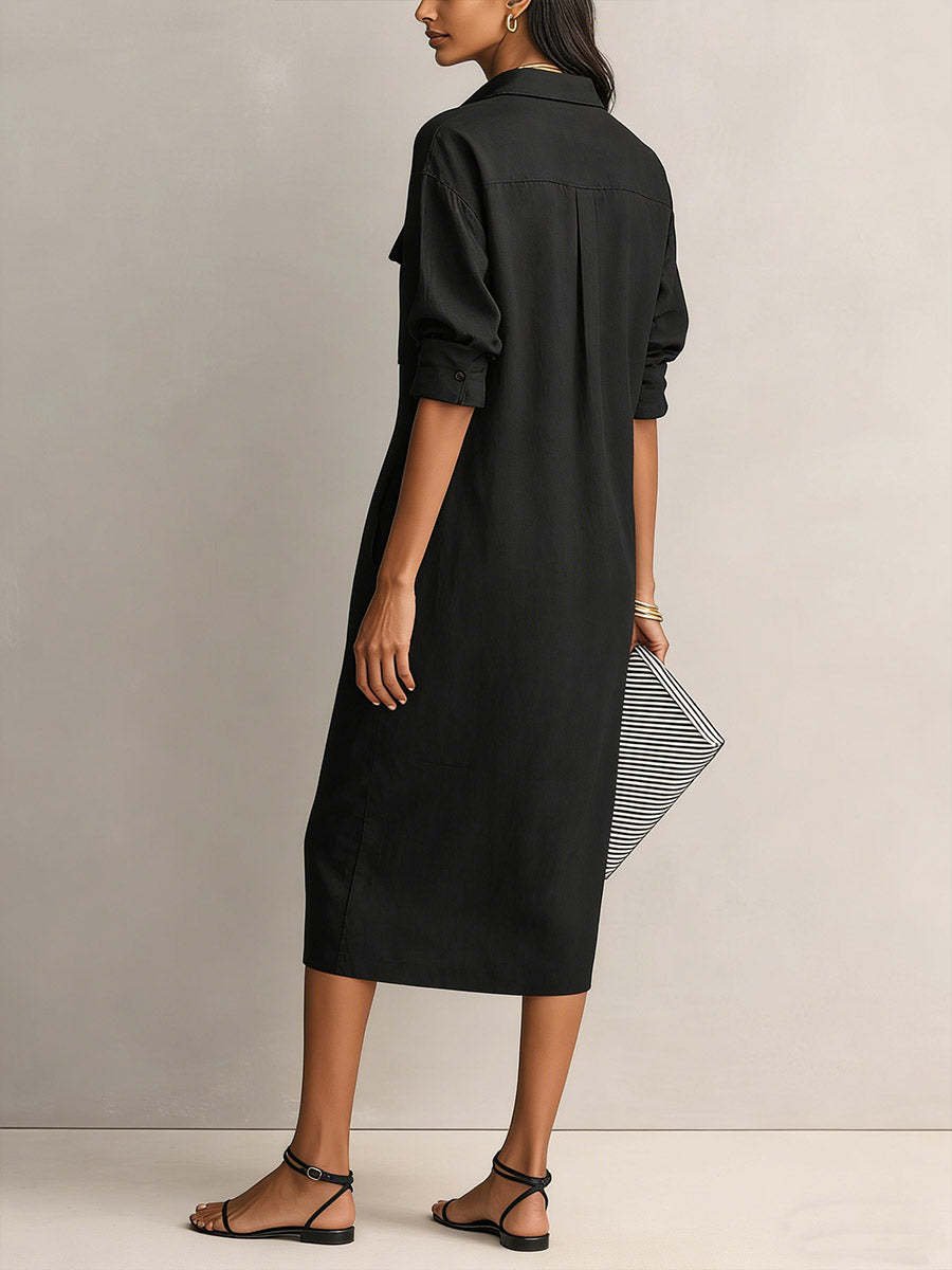 🌓Last Day 49% OFF-Women's Elegant Cotton-linen Blend Shirt Collar Mid-sleeve Midi Dress