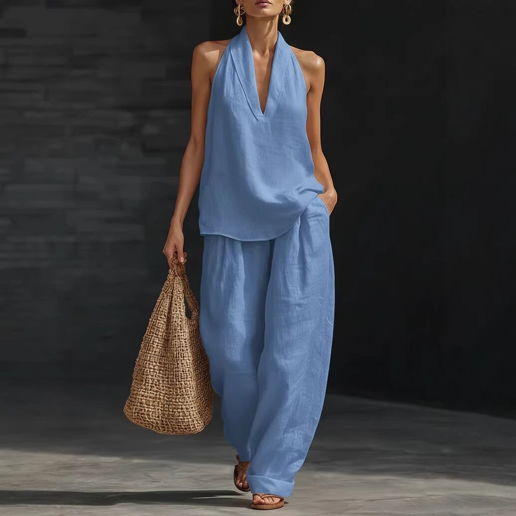 Women's Casual Halter Top & Wide-Leg Pants Set