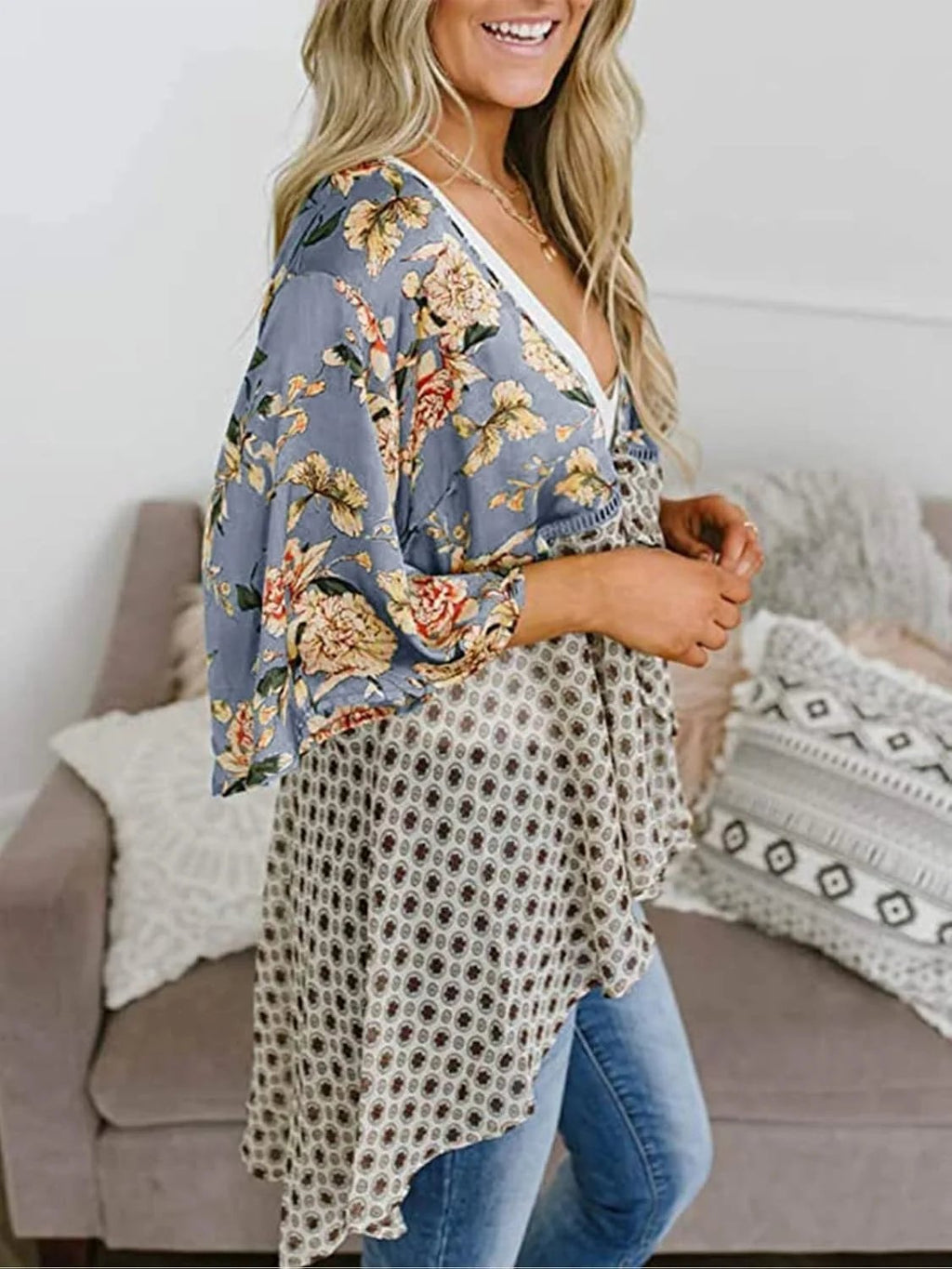 Women's Floral Kimono Ruffle Sleeve Tie Cardigans Flowy Boho Loose Cover Ups