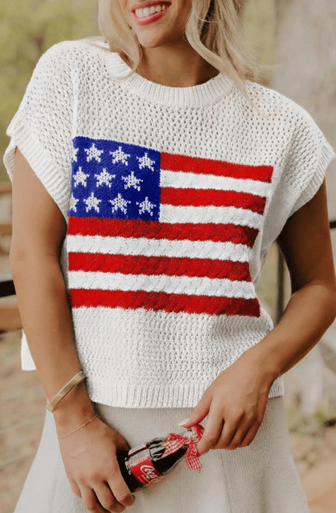 Women's Loose Fit American Flag Pattern Short Sleeve Knit Top – Patriotic Casual Summer Tee for 4th of July, Memorial Day, or Everyday Wear