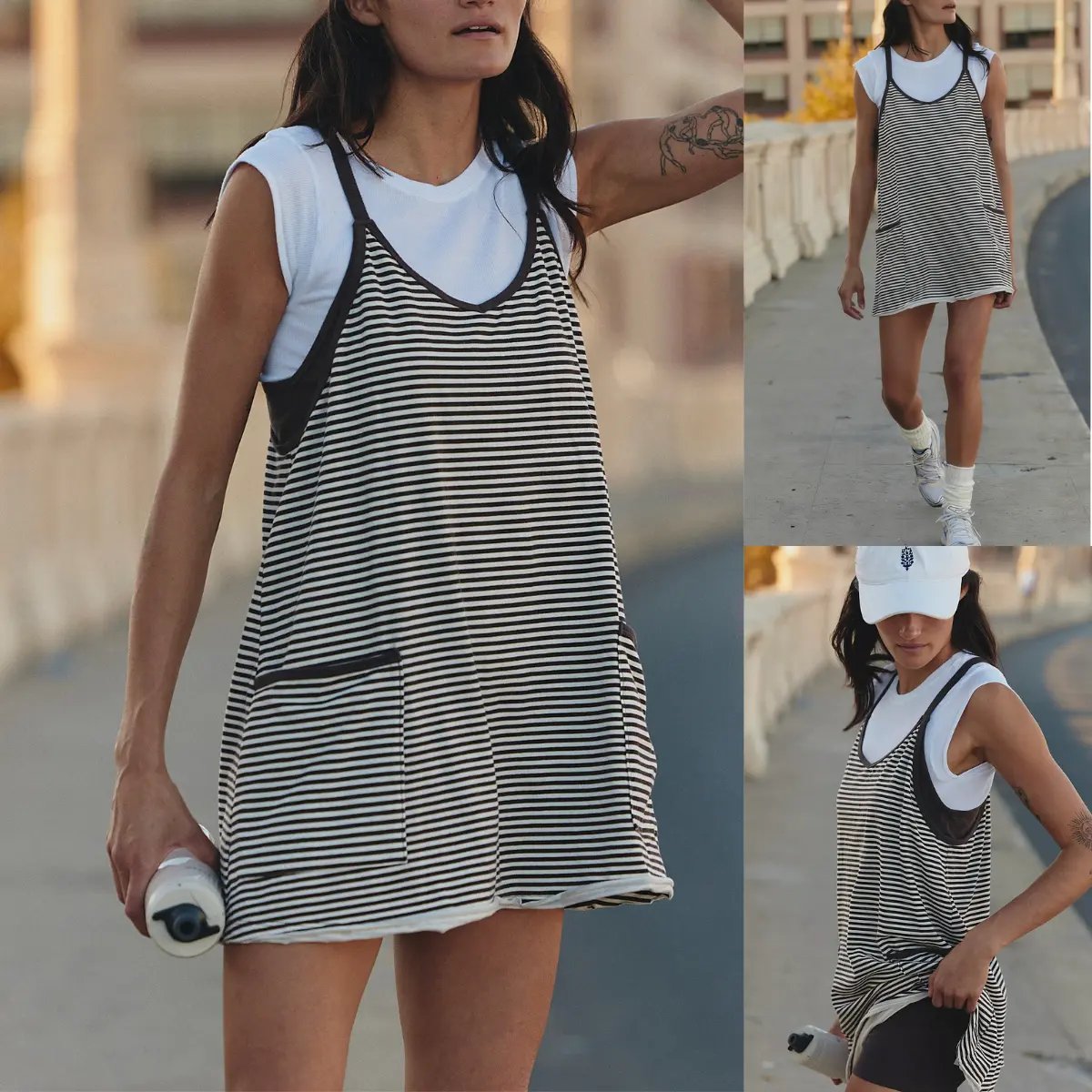 Women's Summer Sleeveless 4th Of July Striped Mini Dress with Built-in Shorts V Neck