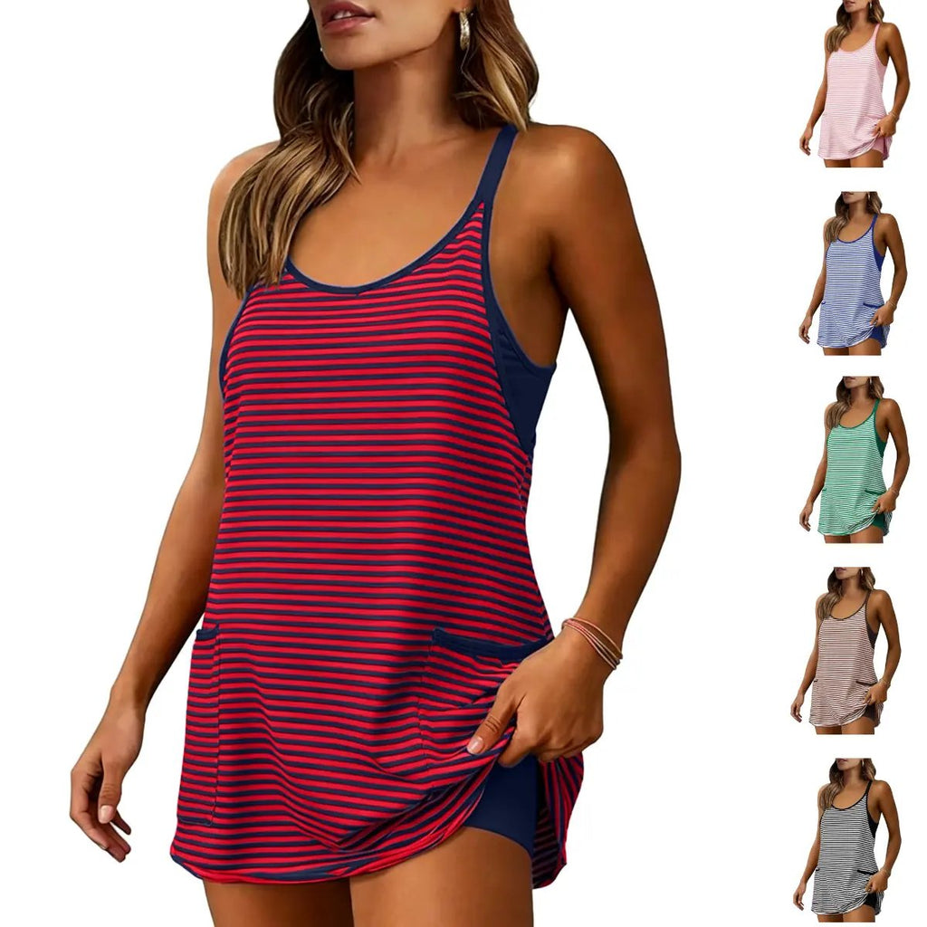 Women's Summer Sleeveless 4th Of July Striped Mini Dress with Built-in Shorts V Neck
