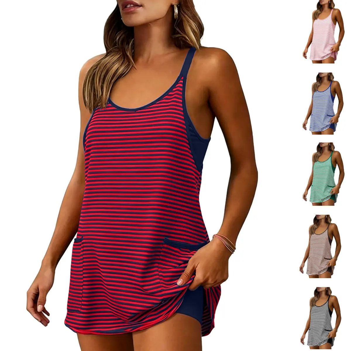 Women's Summer Sleeveless 4th Of July Striped Mini Dress with Built-in Shorts V Neck