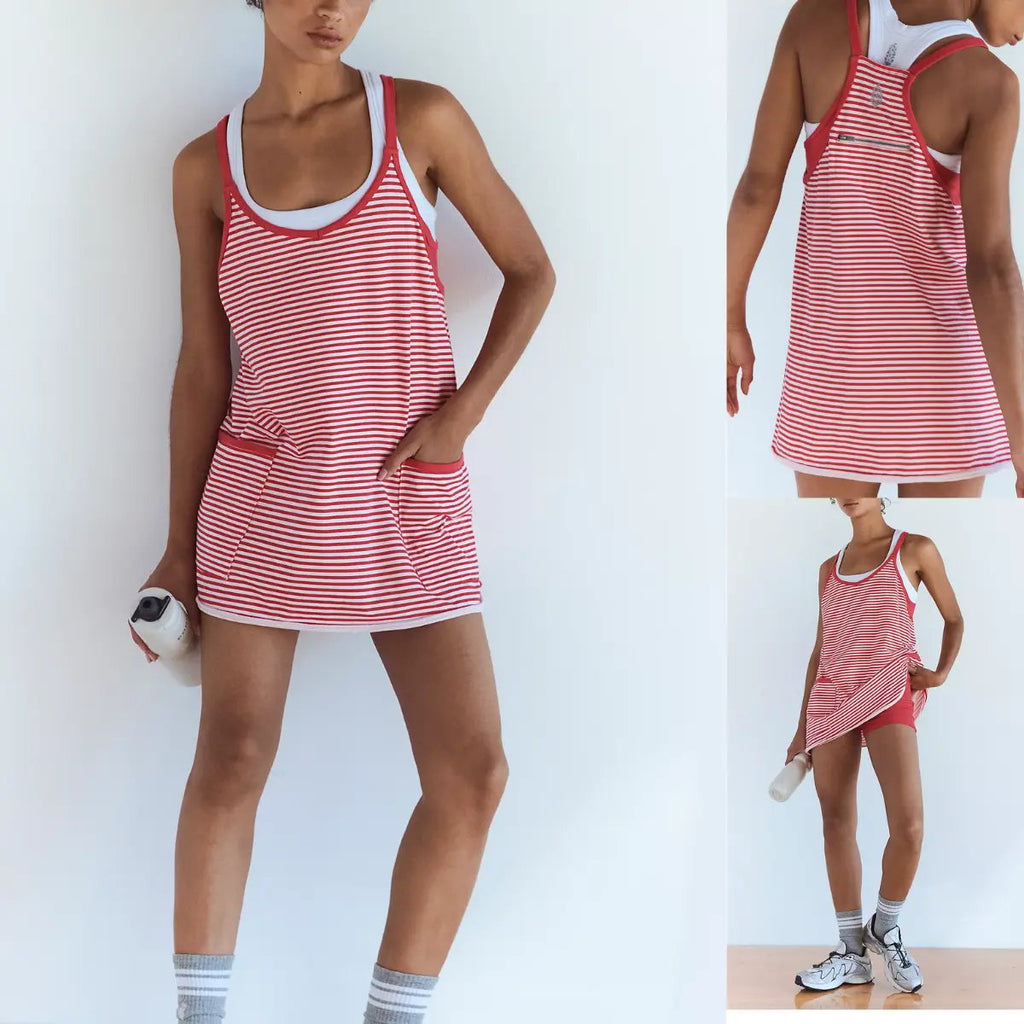 Women's Summer Sleeveless 4th Of July Striped Mini Dress with Built-in Shorts V Neck