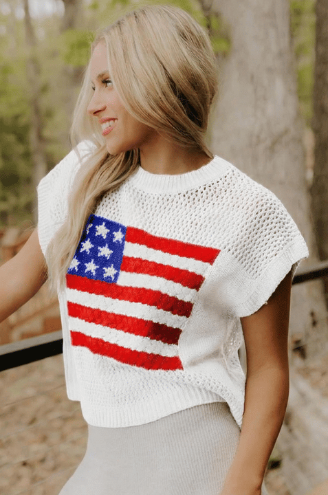 Women's Loose Fit American Flag Pattern Short Sleeve Knit Top – Patriotic Casual Summer Tee for 4th of July, Memorial Day, or Everyday Wear