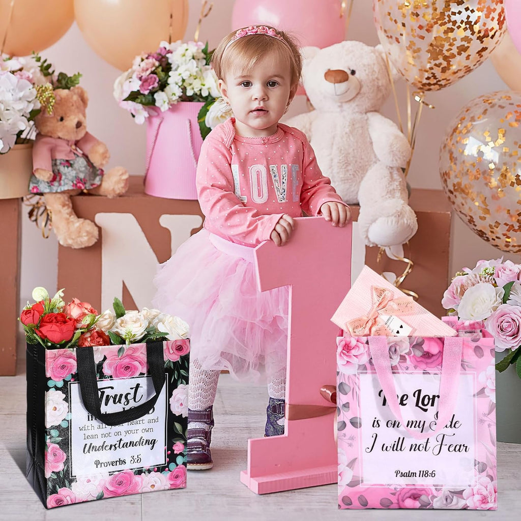 16 Pcs Floral Bible Verse Tote Bags with Handles - Reusable Fabric Gift Bags for Christian Baptism, Wedding, And Birthday