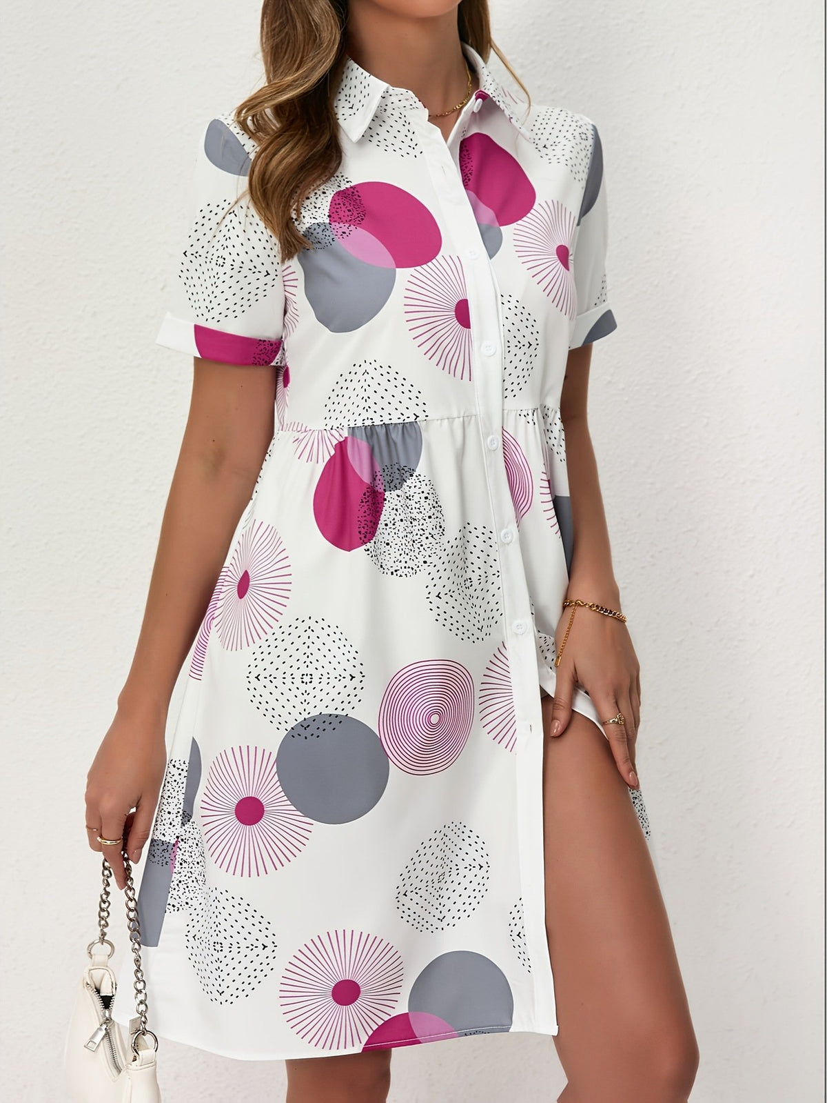 All Over Print Shirt Dress, Casual Short Sleeve Collared Dress for Summer