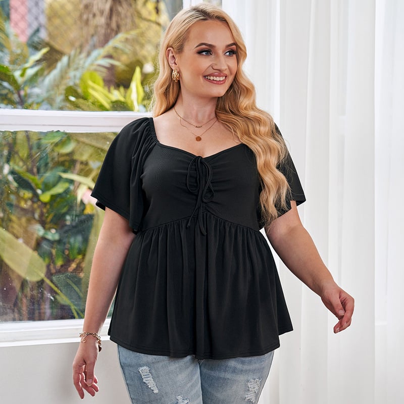 Plus Size Black Summer Peplum Top - Flowy Ruched Drawstring Blouse