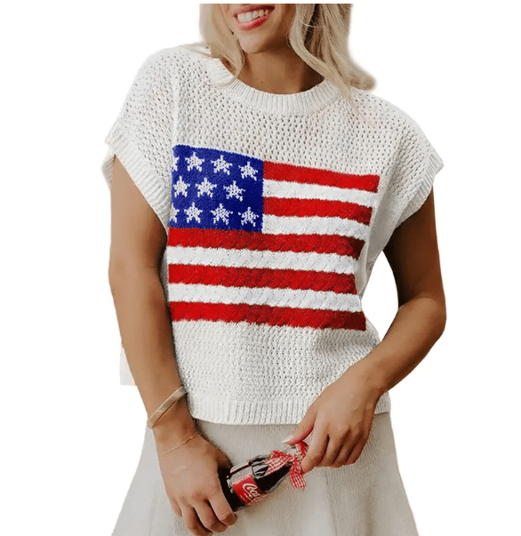 Women's Loose Fit American Flag Pattern Short Sleeve Knit Top – Patriotic Casual Summer Tee for 4th of July, Memorial Day, or Everyday Wear