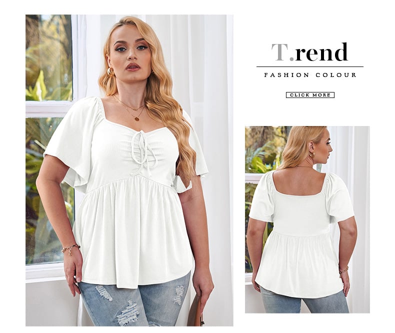 Plus Size Black Summer Peplum Top - Flowy Ruched Drawstring Blouse