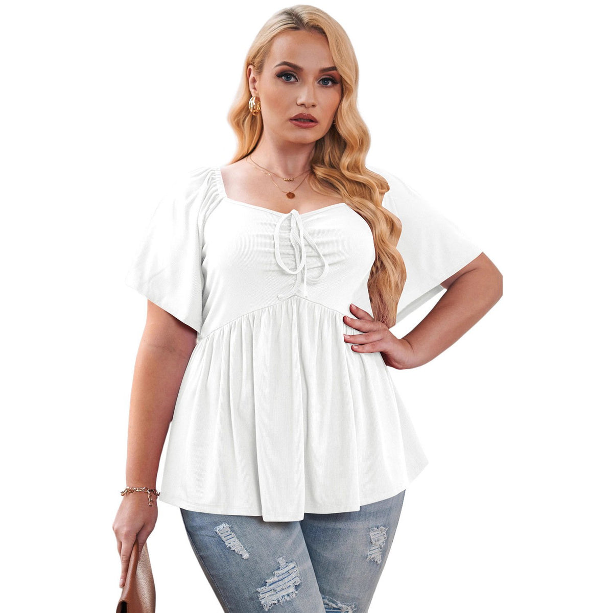 Plus Size Black Summer Peplum Top - Flowy Ruched Drawstring Blouse