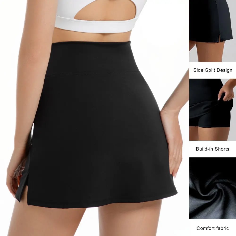 ☁️Women's Solid Color Leopard Stretch High Waist Straight Slit Mini Sports Skirt