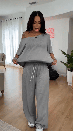 🤍Minimalist Off Shoulder Top & Wide Leg Pants 2 Piece Outfit🖤