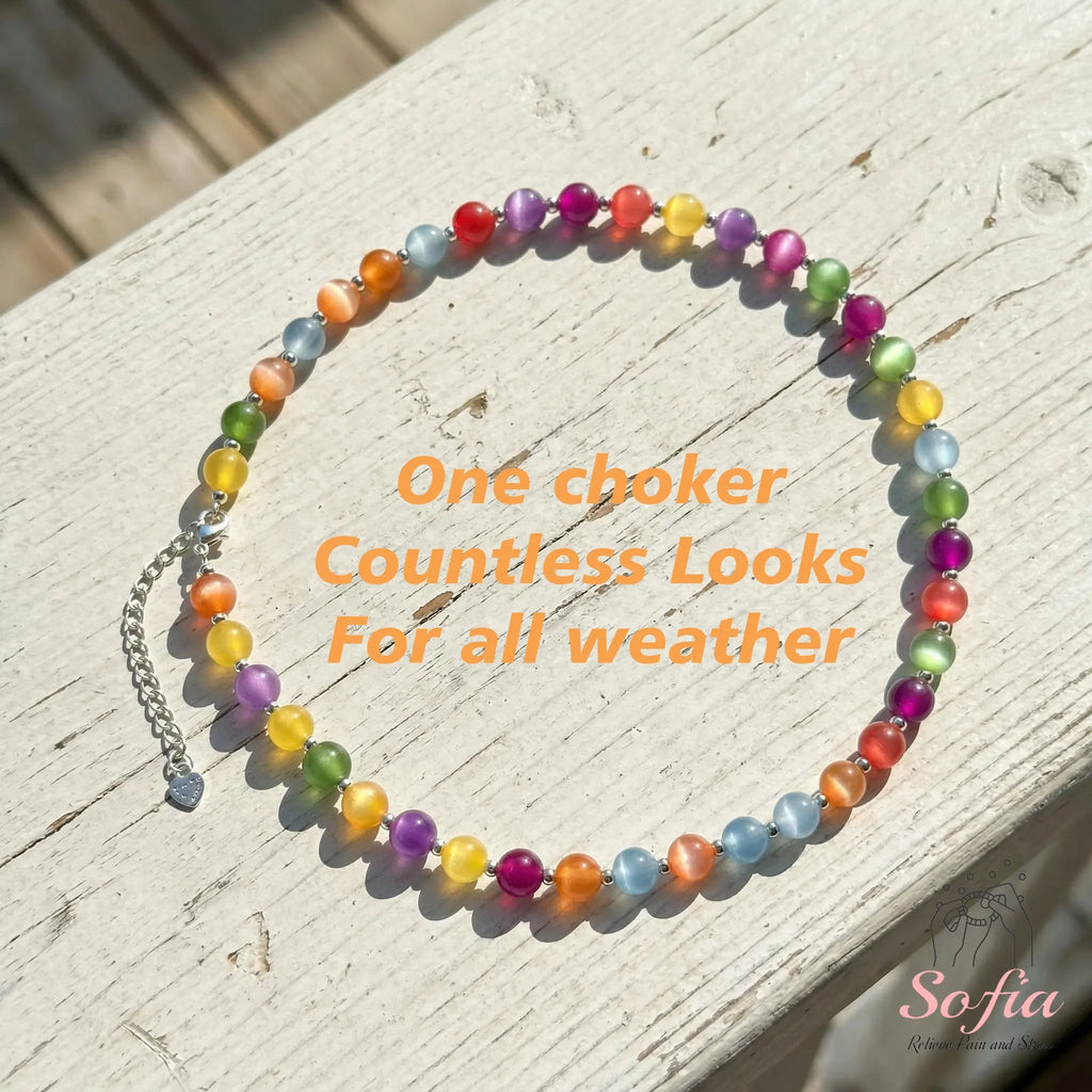🔥Sofia Dopamine Rainbow Beaded Choker Necklace-UV Reactive Waterproof Stainless Steel Stackable Summer Jewelry