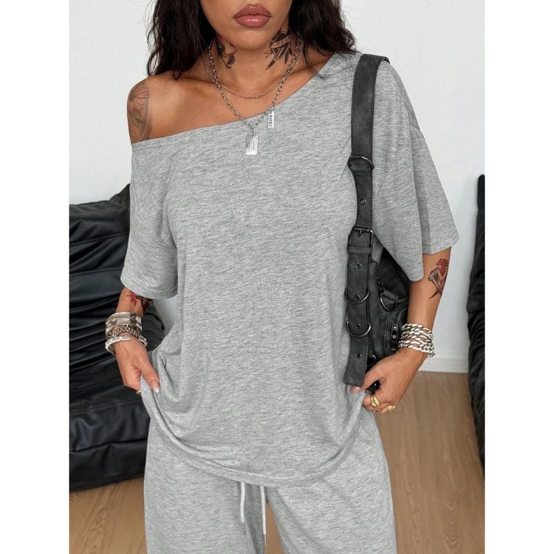 🤍Minimalist Off Shoulder Top & Wide Leg Pants 2 Piece Outfit🖤