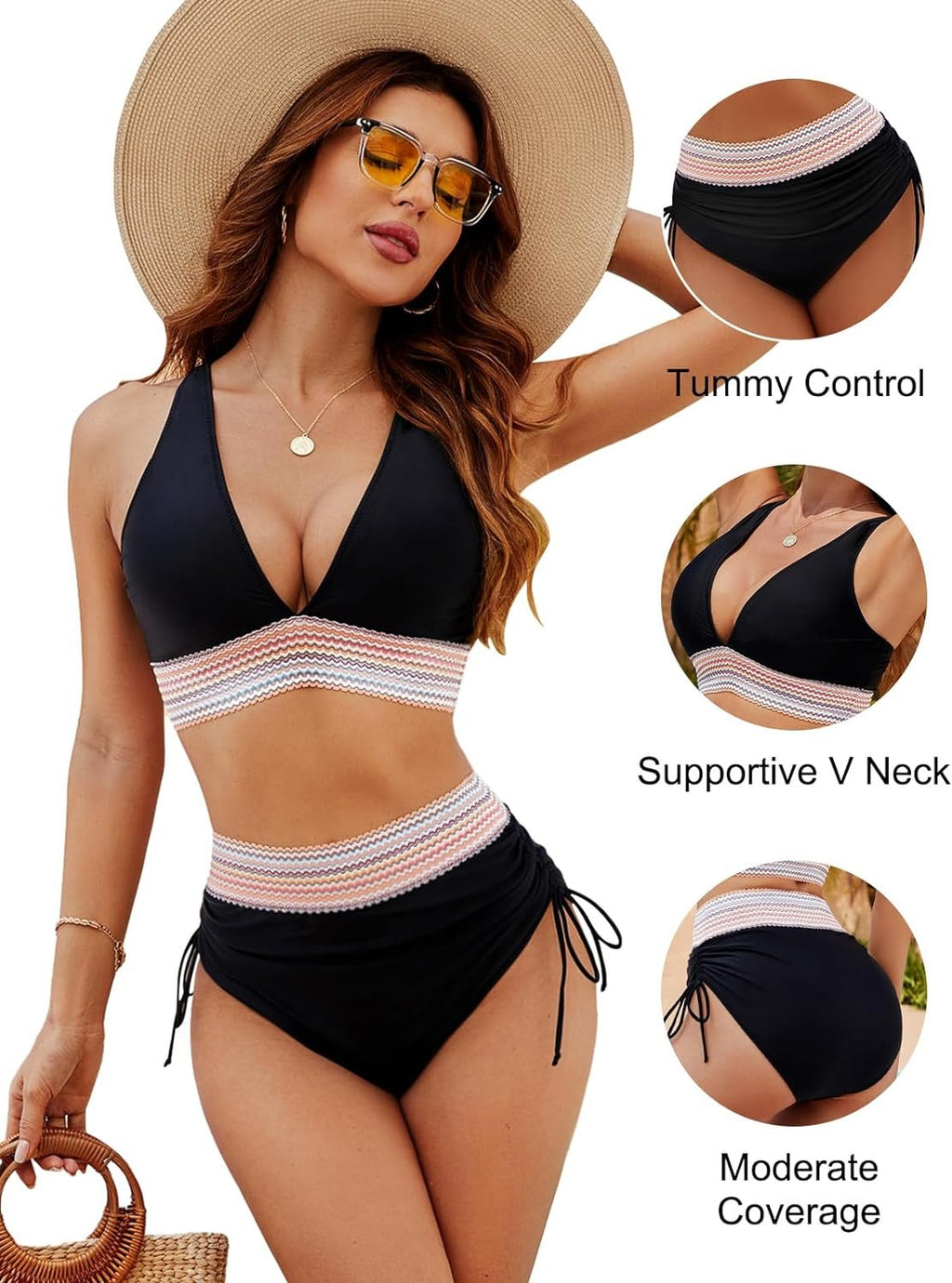 💖💃2026 High Waisted Tummy Control Colour Block Bikini Sets