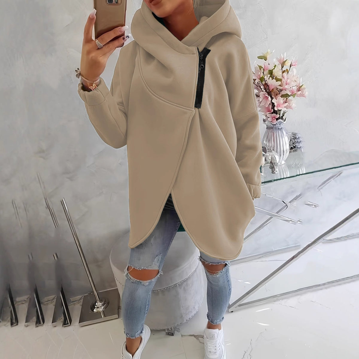 Women's Plus Size Hooded Sweatshirt, Half-zip Fashion Design