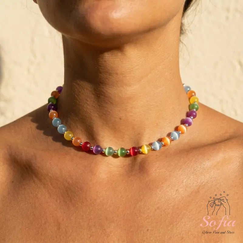 🔥Sofia Dopamine Rainbow Beaded Choker Necklace-UV Reactive Waterproof Stainless Steel Stackable Summer Jewelry