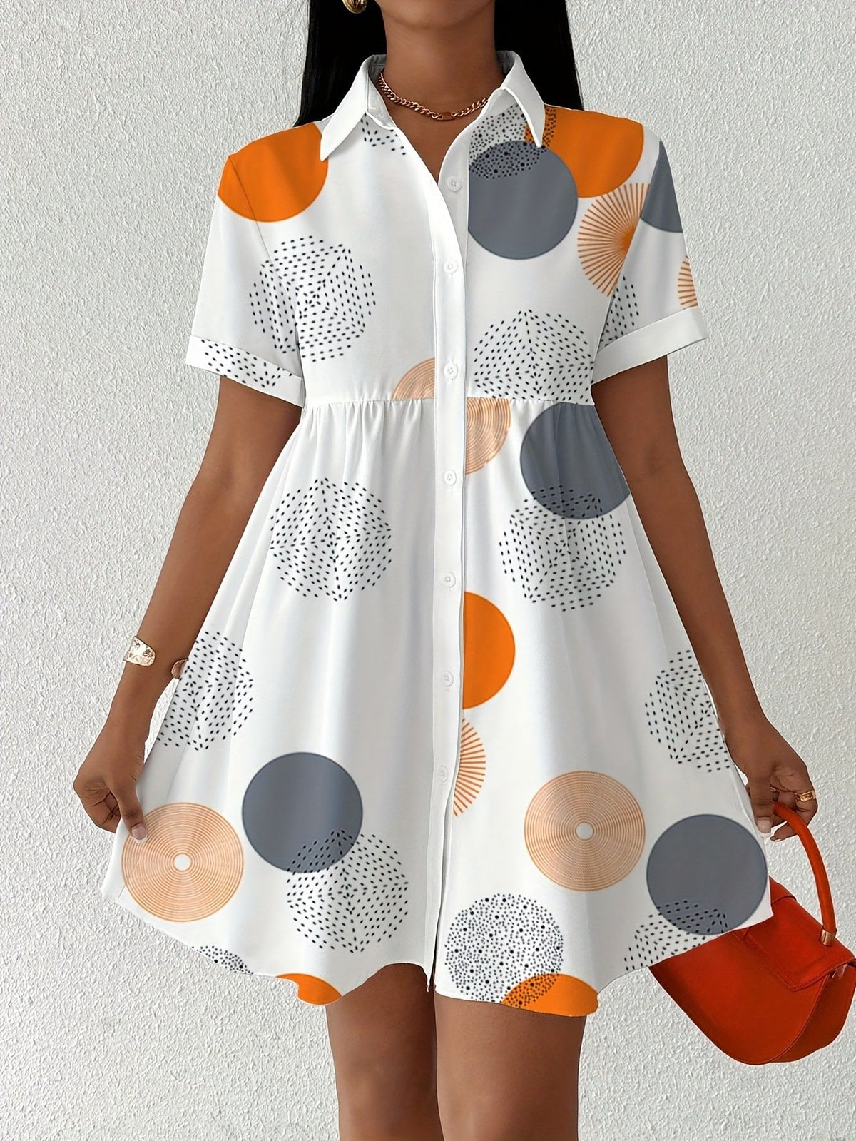 All Over Print Shirt Dress, Casual Short Sleeve Collared Dress for Summer