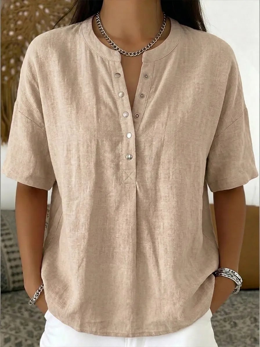 New Arrivals🔥Women's Casual Henley Collar Linen And Cotton Short-sleeve Shirt