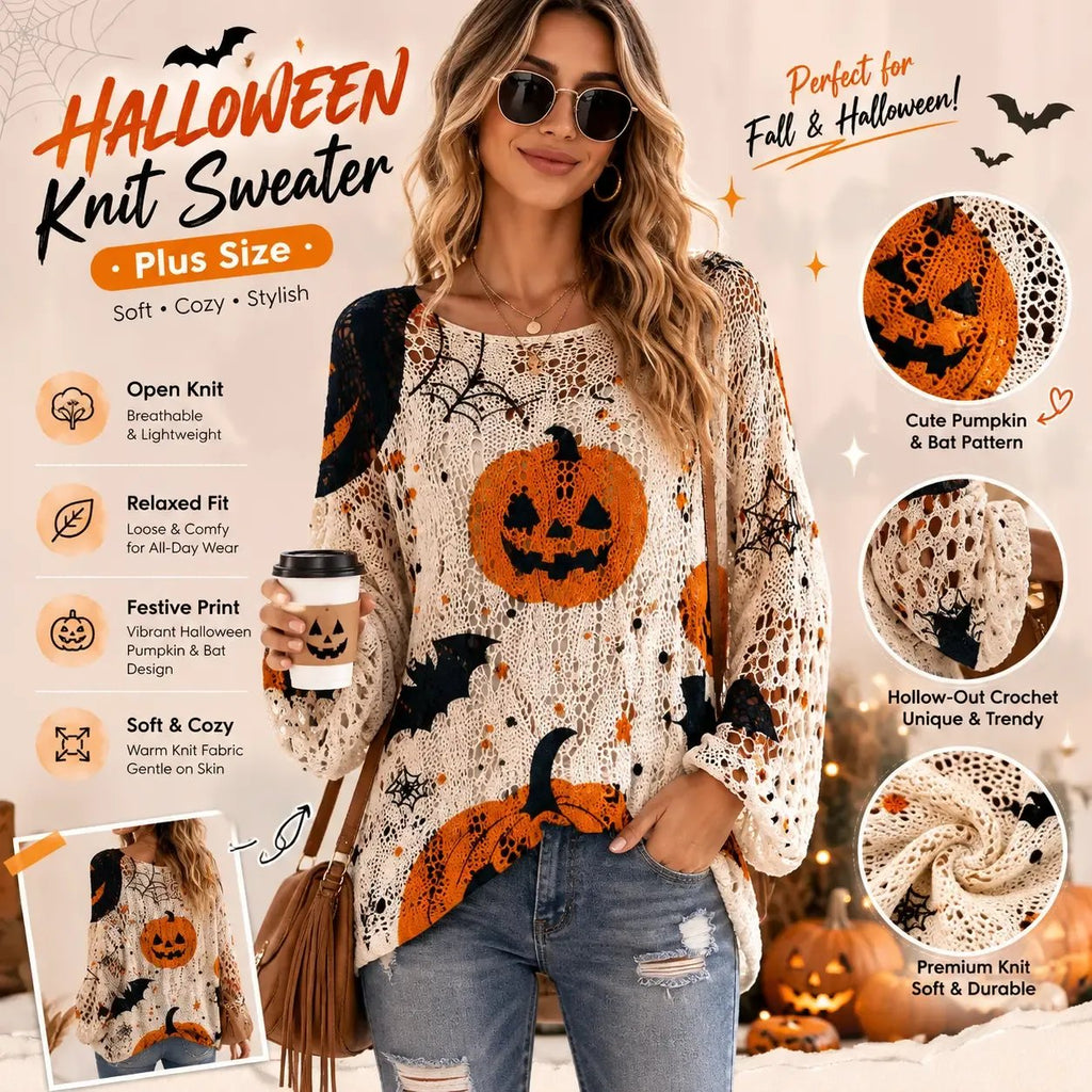 Halloween Themed Knit Pullover, Long Sleeve Soft Casual Fall Sweater for Women