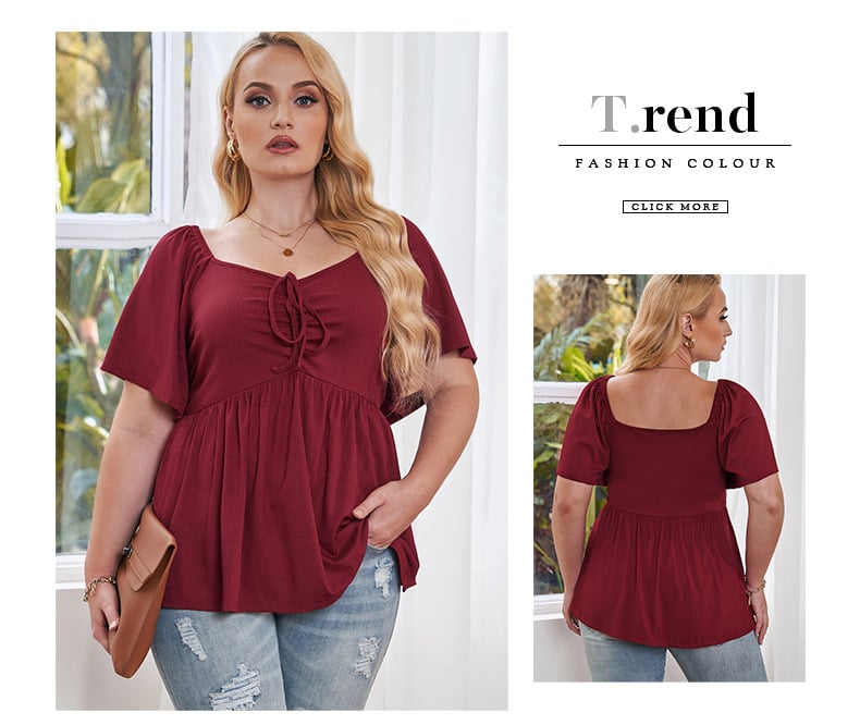 Plus Size Black Summer Peplum Top - Flowy Ruched Drawstring Blouse