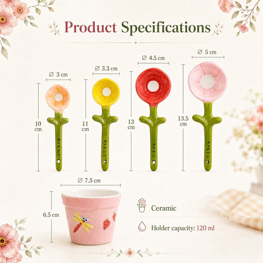 🌸 Flower Pot Ceramic Measuring Spoon Set 🥄