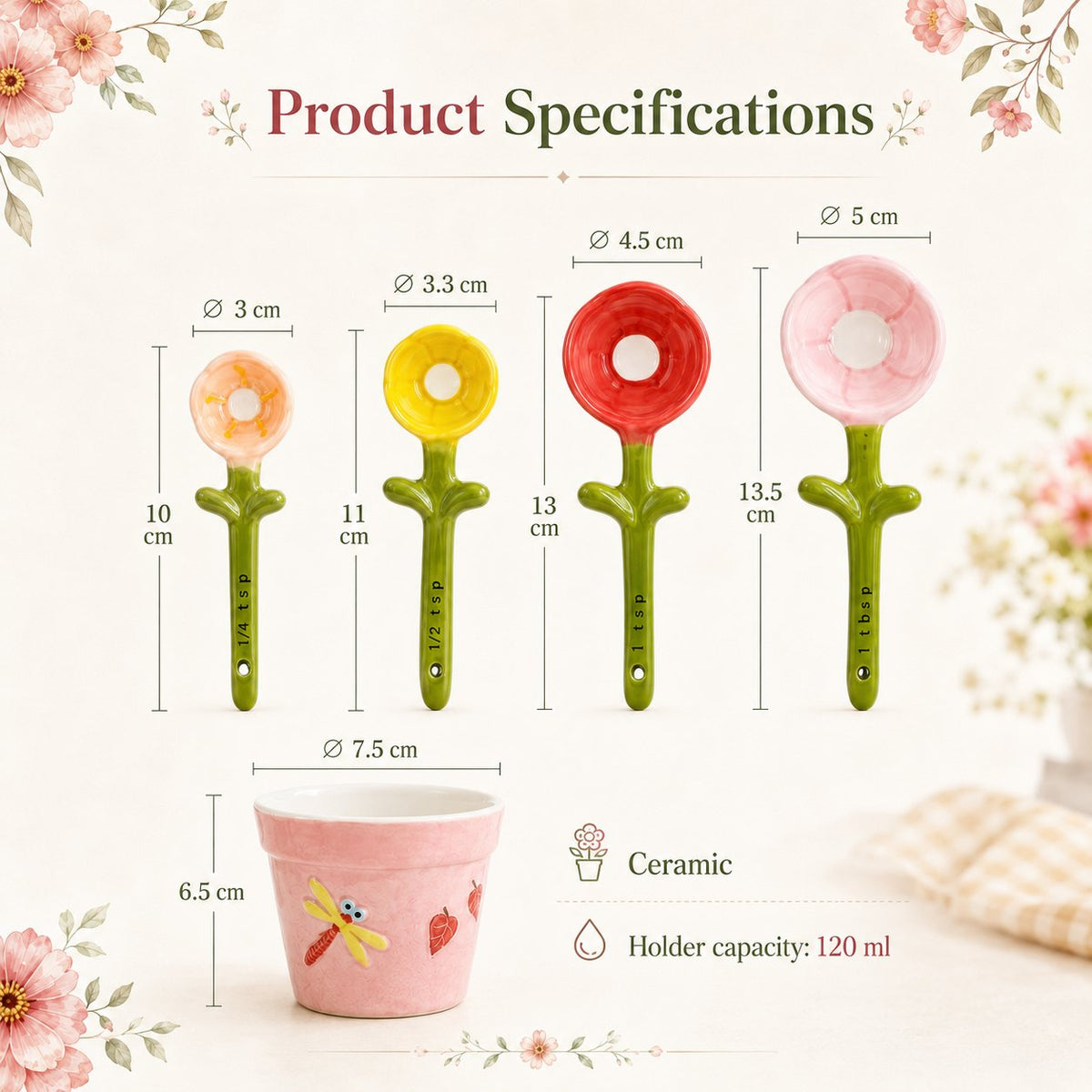 🌸 Flower Pot Ceramic Measuring Spoon Set 🥄