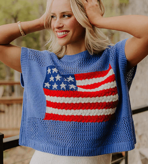 Women's Loose Fit American Flag Pattern Short Sleeve Knit Top – Patriotic Casual Summer Tee for 4th of July, Memorial Day, or Everyday Wear