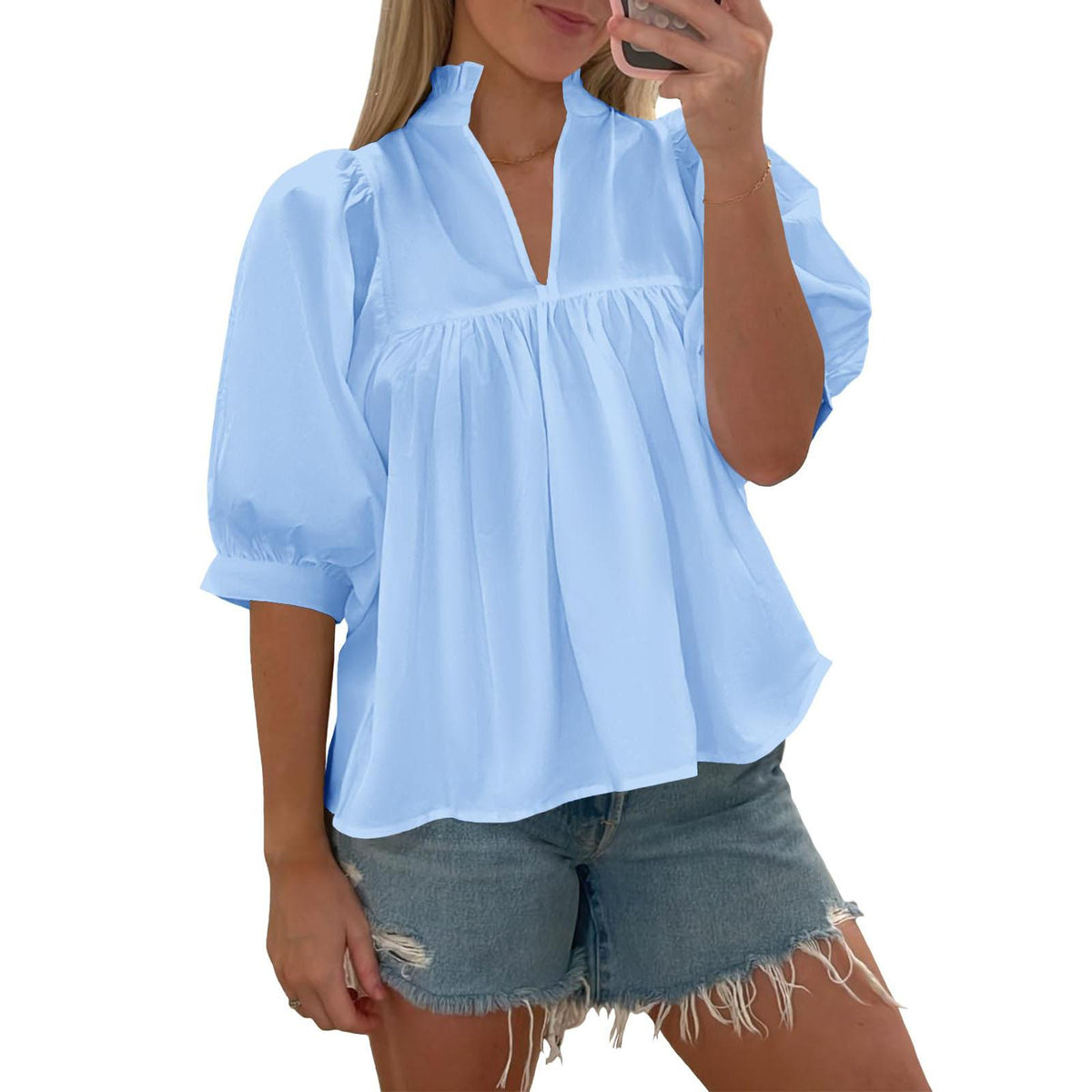 ✨Womens V Neck Puff Sleeve Blouse Babydoll Peplum Tops Dressy Casual Pleated Loose Fit Shirts💕