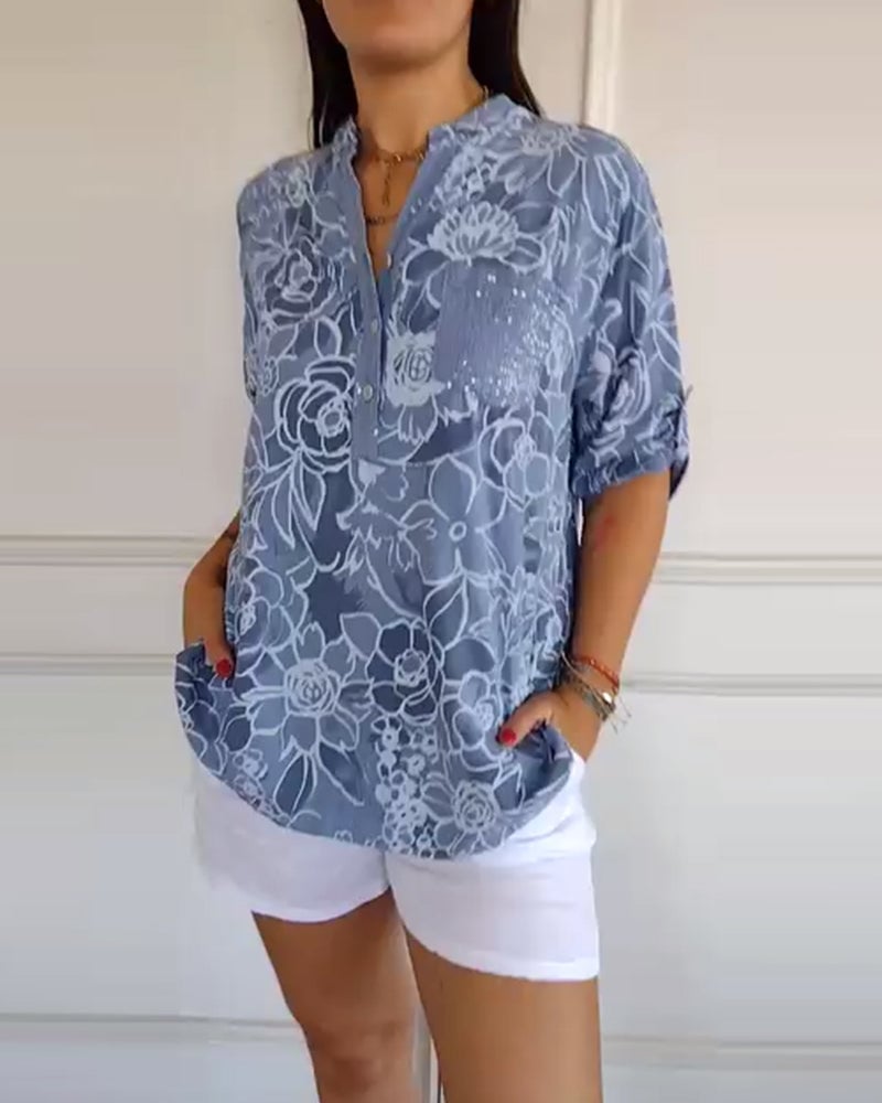 🔥🔥Hot Sale V-Neck Button-Down Printed Blouse