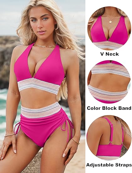 💖💃2026 High Waisted Tummy Control Colour Block Bikini Sets