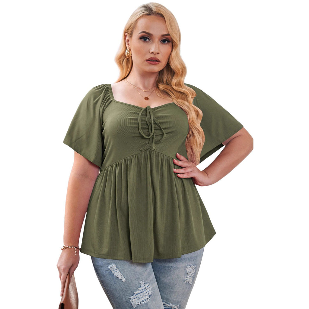Plus Size Black Summer Peplum Top - Flowy Ruched Drawstring Blouse