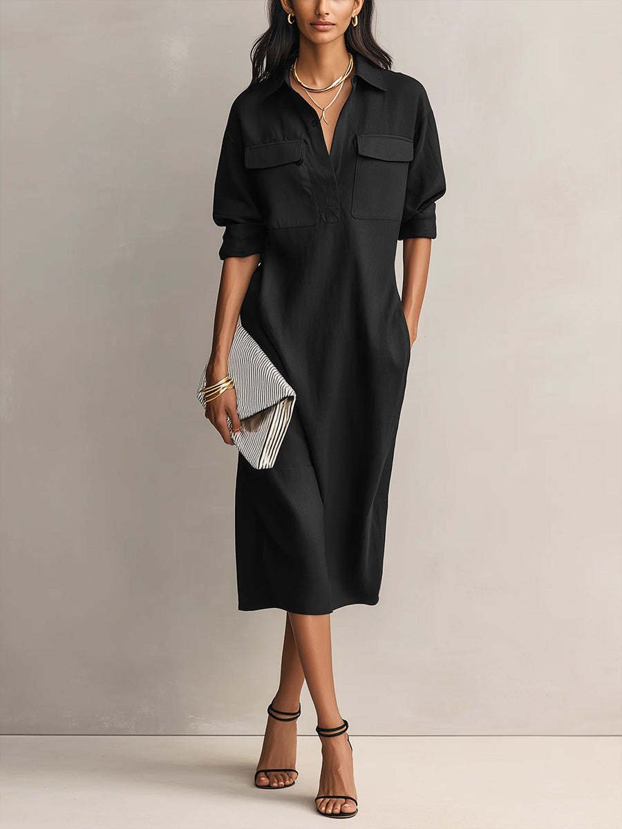 🌓Last Day 49% OFF-Women's Elegant Cotton-linen Blend Shirt Collar Mid-sleeve Midi Dress