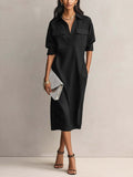 🌓Last Day 49% OFF-Women's Elegant Cotton-linen Blend Shirt Collar Mid-sleeve Midi Dress