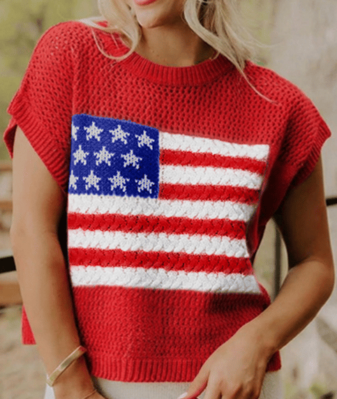 Women's Loose Fit American Flag Pattern Short Sleeve Knit Top – Patriotic Casual Summer Tee for 4th of July, Memorial Day, or Everyday Wear