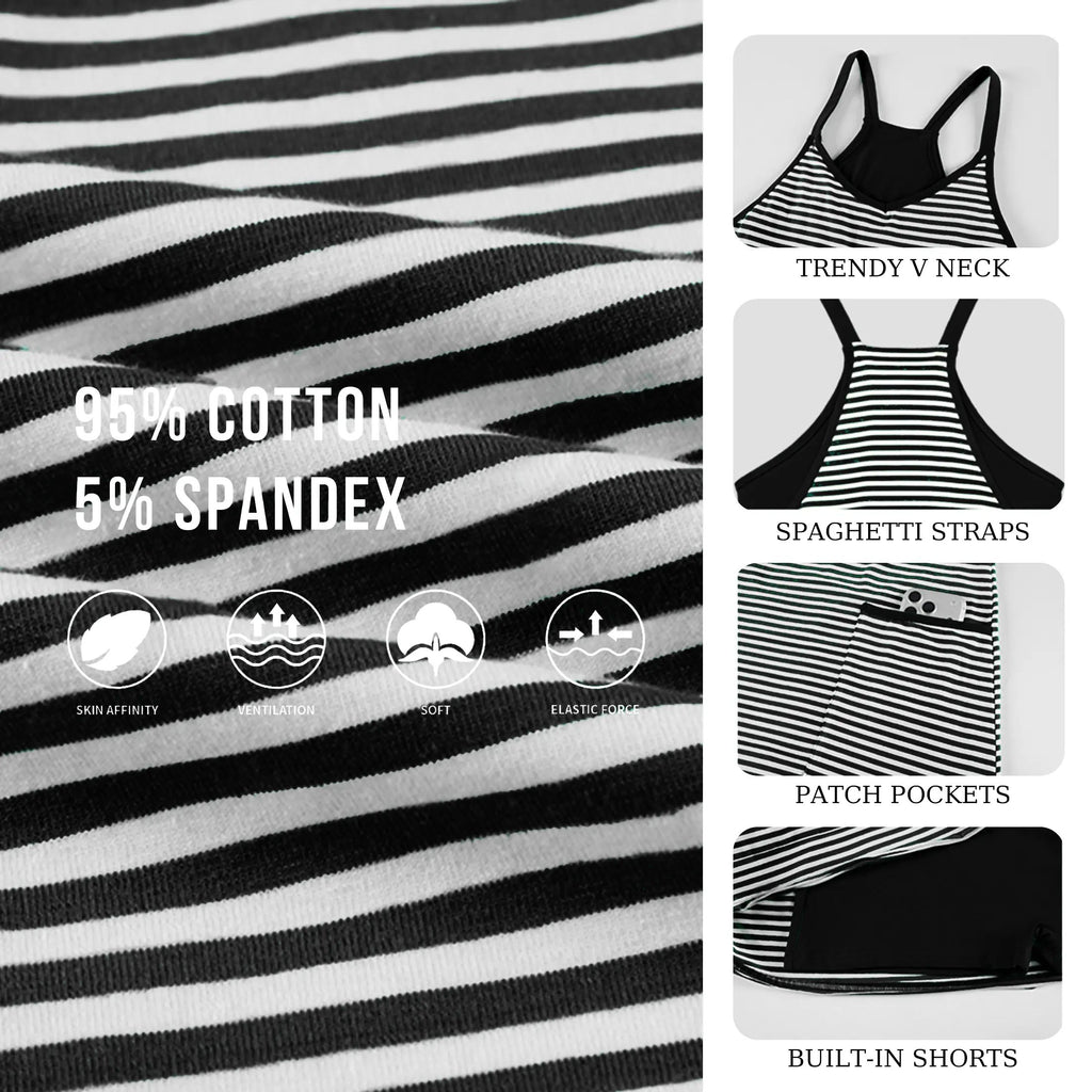 Women's Summer Sleeveless 4th Of July Striped Mini Dress with Built-in Shorts V Neck