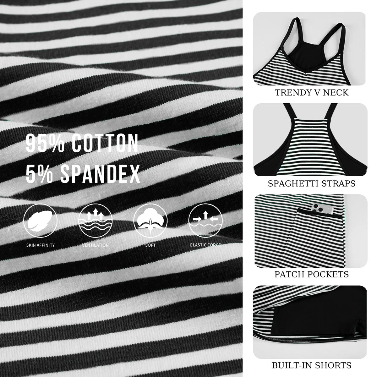 Women's Summer Sleeveless 4th Of July Striped Mini Dress with Built-in Shorts V Neck