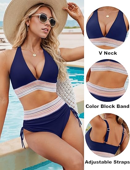 💖💃2026 High Waisted Tummy Control Colour Block Bikini Sets