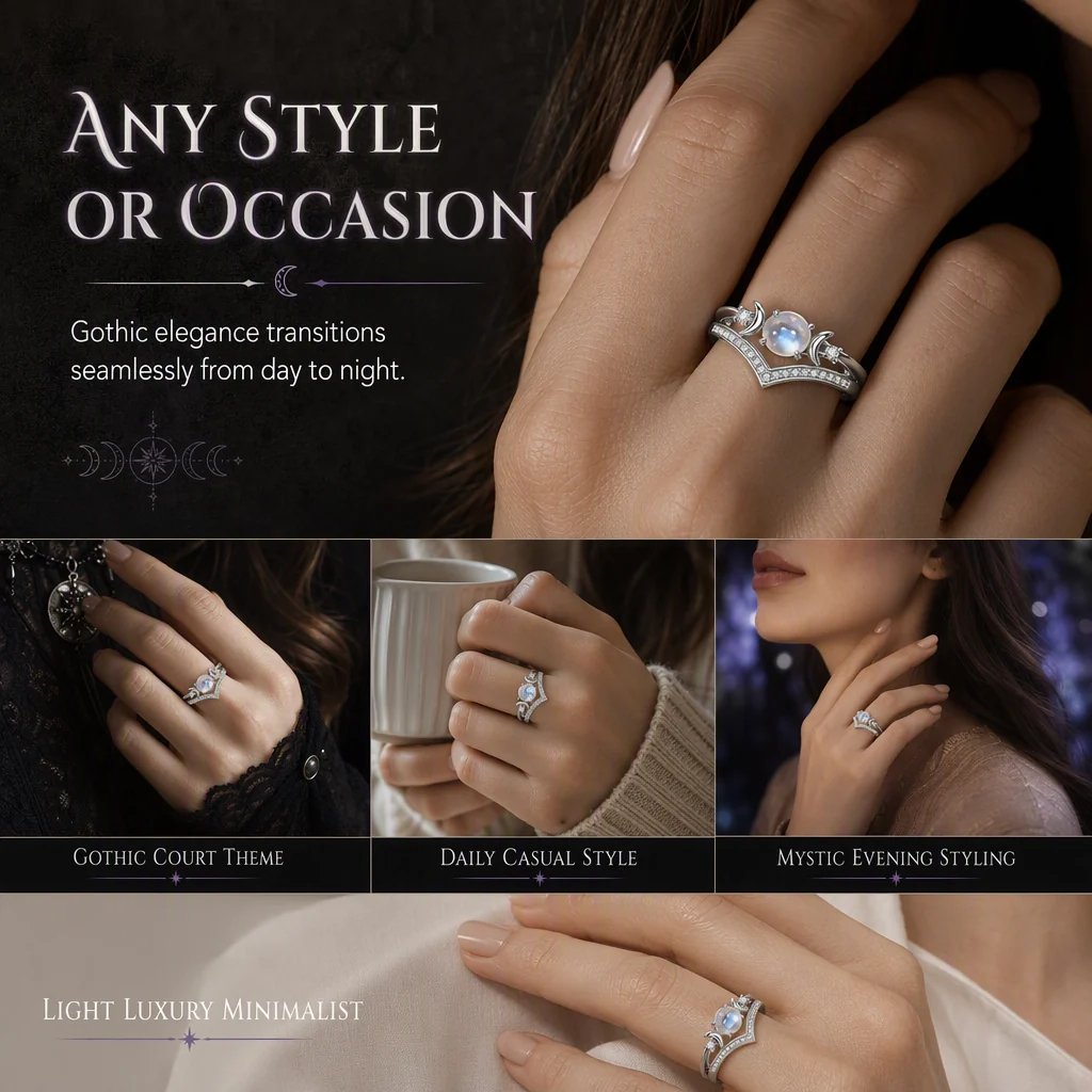 Women's Witchy Triple Moon Motif Jewelry Rings Set, Boho Lead-Free Copper Stackable Bands with  Moonstone for Emotional Calm