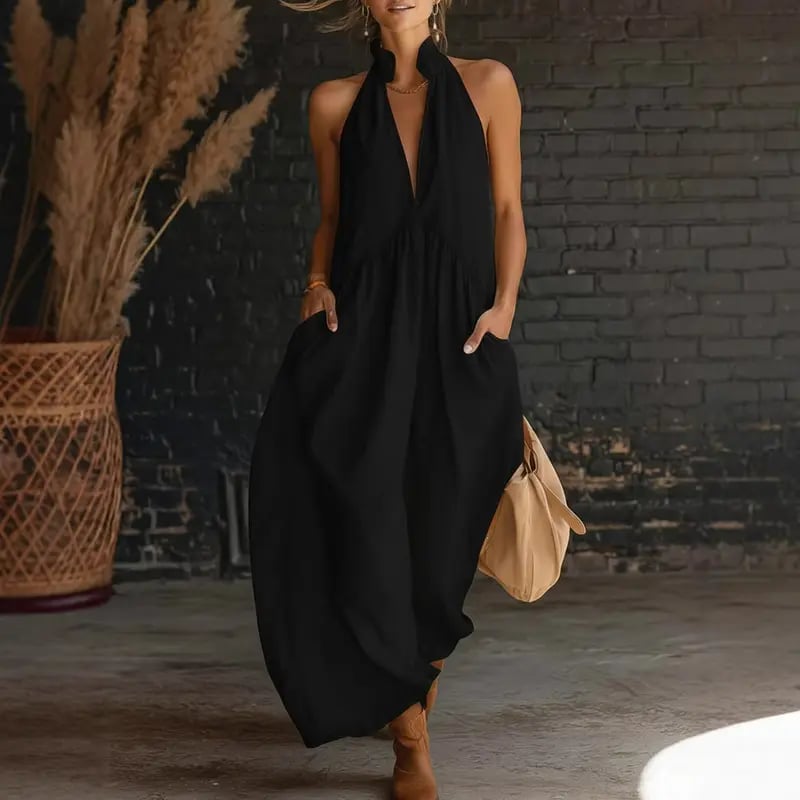 2026 Minimalist Halter Neck Maxi Dress | Casual Loose Fit Summer Dress with Pockets for Women