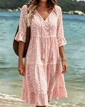 Tie V-Neck Ruffle Floral A-Line Dress