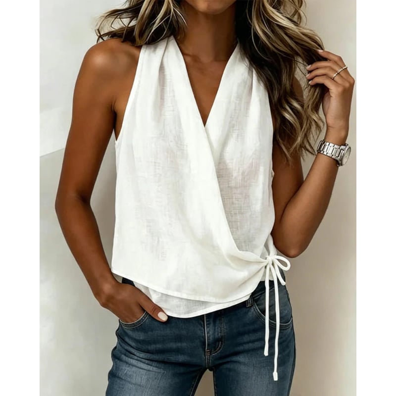 Solid Sleeveless V-Neck Blouse