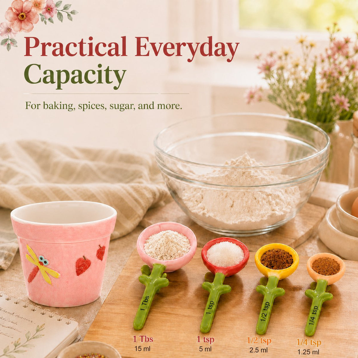 🌸 Flower Pot Ceramic Measuring Spoon Set 🥄