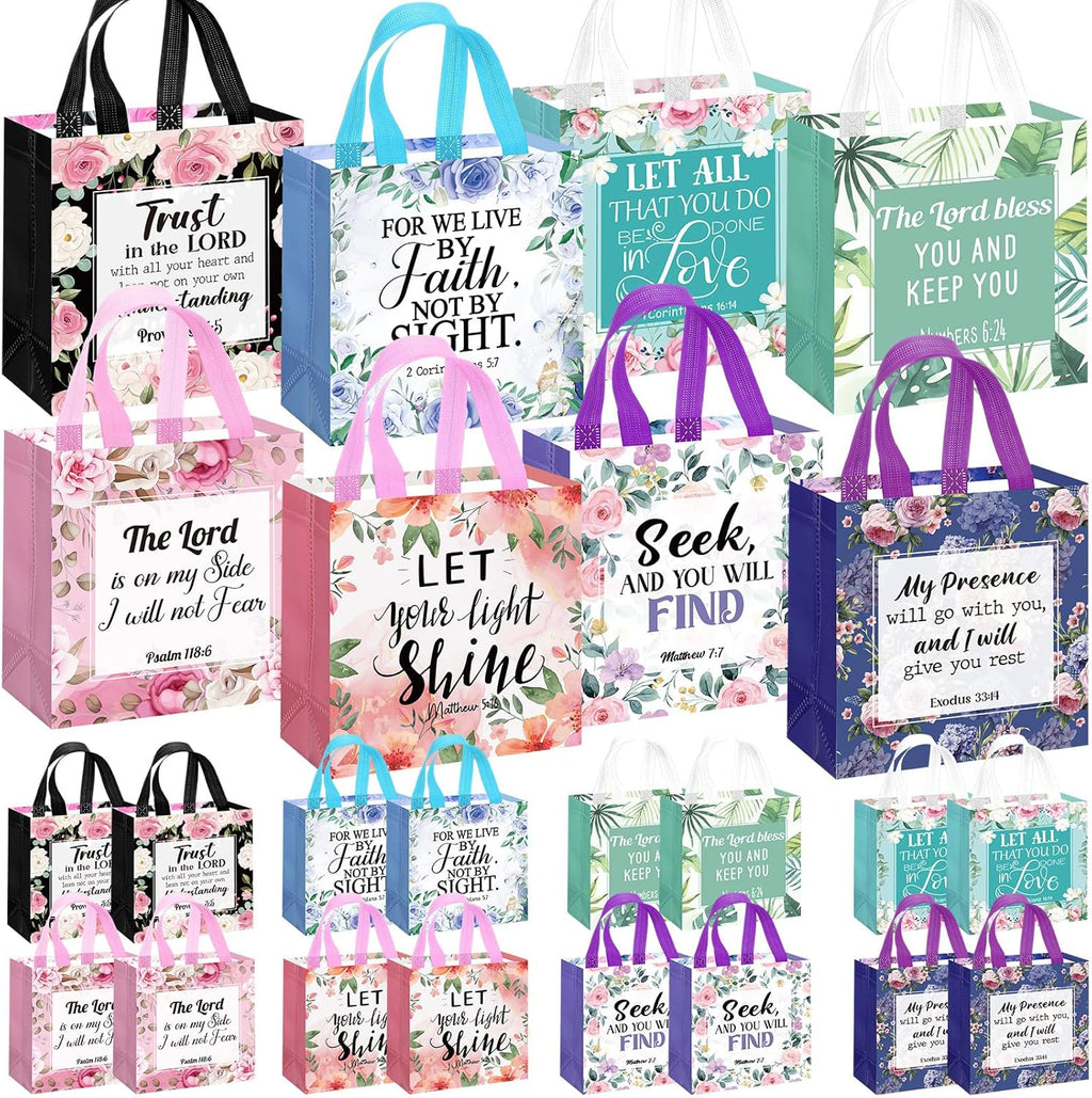 16 Pcs Floral Bible Verse Tote Bags with Handles - Reusable Fabric Gift Bags for Christian Baptism, Wedding, And Birthday