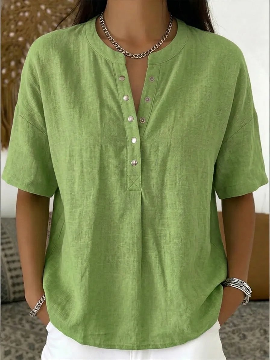 New Arrivals🔥Women's Casual Henley Collar Linen And Cotton Short-sleeve Shirt