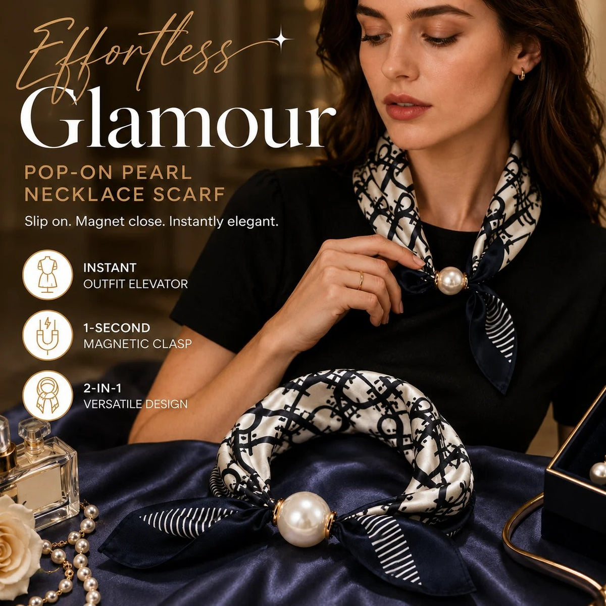 🏆25K+ SOLD 🔥 Effortless Glamour: Pop-On Pearl Necklace Scarf 🧣