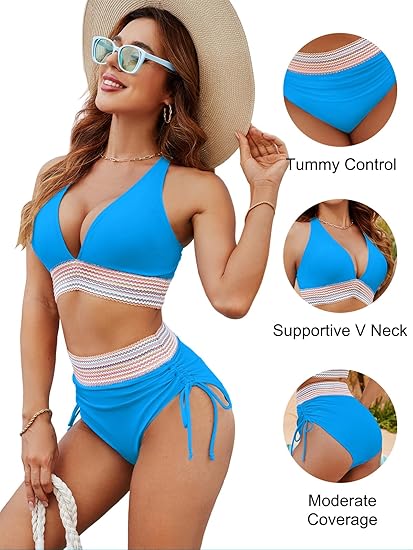 💖💃2026 High Waisted Tummy Control Colour Block Bikini Sets
