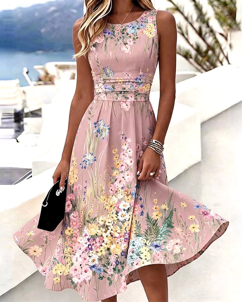 🍃Sleeveless Floral Print Waist-Cinching Dress